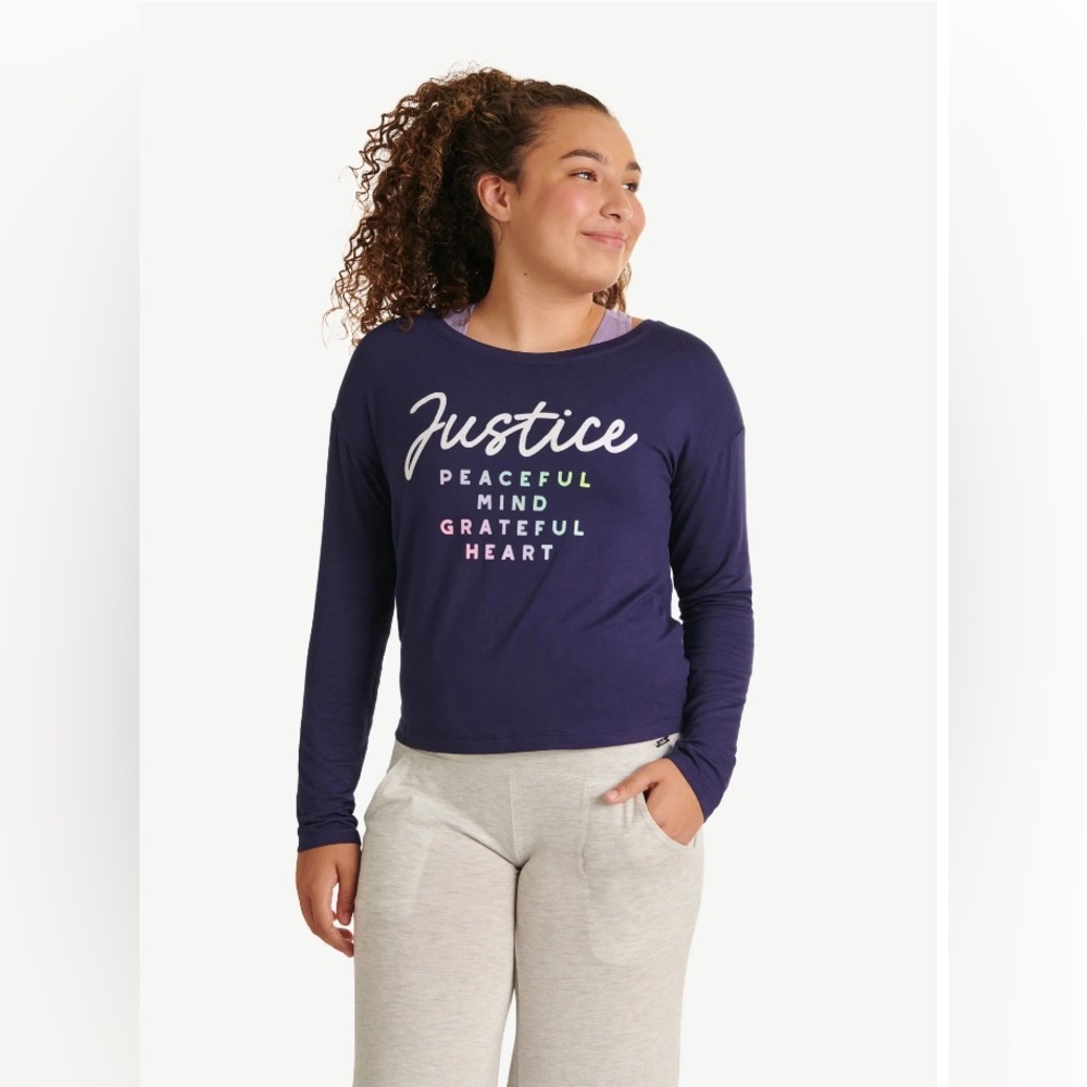 Justice Girl's Collection Twist Back 2-Fer, Navy Long Sleeve Tee Multicolor Text